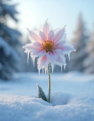 The primary subject of the image is a single pink flower with white petals, surrounded by snow. The flower is located in the middle of the scene, and the snow covers the ground, creating a serene and cold atmosphere. The visual style of the image is a photo, capturing the beauty of the flower in its natural environment. The colors of the flower and the snow create a sense of warmth and contrast against the cold, white background.